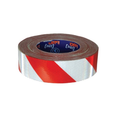 PROCHOICE REFLECTIVE HAZARD TAPE RED &amp; WHITE. 50M X 50MM